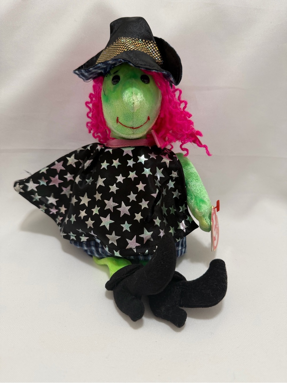 Ty Green Witch Plush with Pink Hair and Black Star Cape